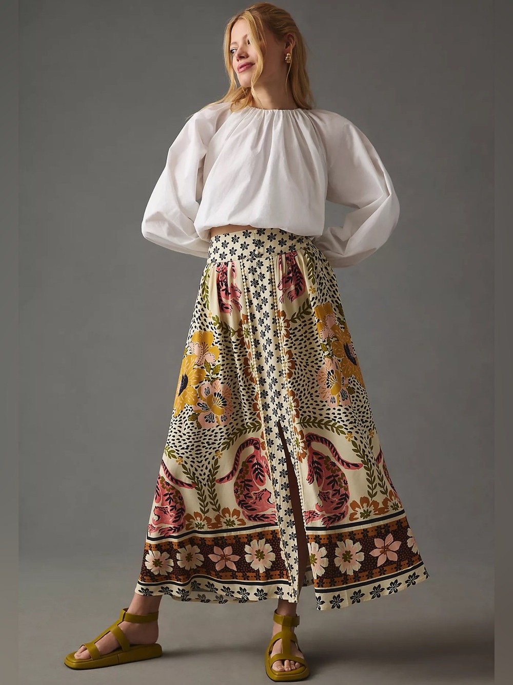 NWT Farm Rio Anthropologie Safari Maxi Skirt Tiger Animal Boho Tropical Cream M - Picture 4 of 8